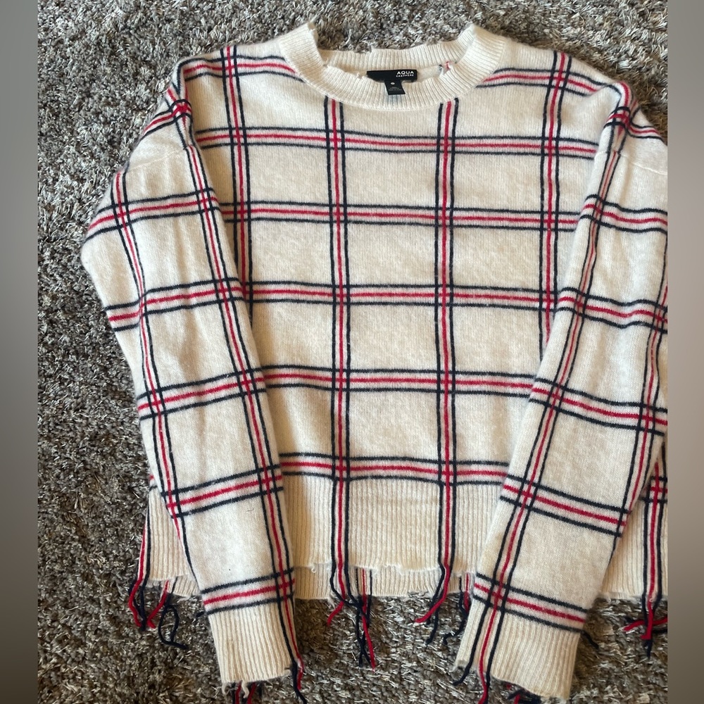 Aqua Fringe Plaid cashmere sweater. Size XS